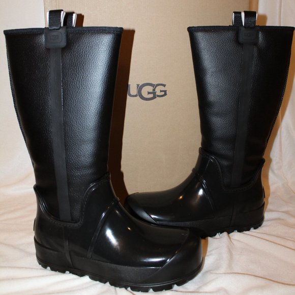 NIB UGG RAINCLOUD TALL LEATHER SHEARLING LINED‎ WINTER RAIN BOOTS BLACK - Picture 3 of 7